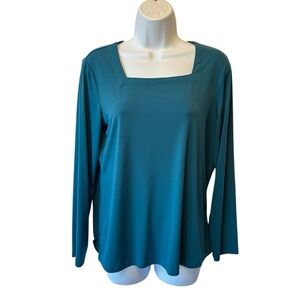 Susan Graver Liquid knit blouse Small Teal Square neck Long sleeves Womens top